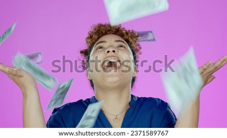 Woman, winner and wow for money rain success, bonus or winning of lottery prize, profit or cashback in studio. Happy african person, cash in air and financial freedom or celebrate on pink background Royalty-Free Stock Photo #2371589767