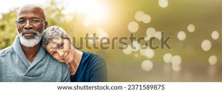 Park, diversity portrait and mature happy couple relax, care and outdoor bonding, romance and nature sunshine. Mockup space, bokeh and banner woman, black man or marriage people care, smile and trust