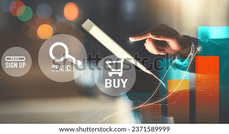 Hands, tablet screen and icons for online shopping, e commerce overlay and buy, sign up or search engine at night. Person on digital technology with user experience, graphs and charts for algorithm