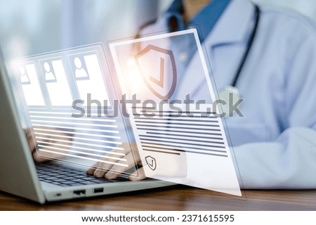 Doctor healthcare insurance concept. Doctor use computer screen medical insurance icon on global network connection, hospital, Service and Healthcare business.