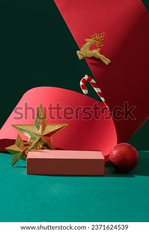 Front view of a rectangle shaped pedestal displayed with some Christmas ornaments. Christmas food in some countries may include chicken soup or turkey
