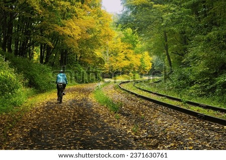 Landscape of a cyclist, seen from behind, on the Great Allegheny Passage Trail curving past railroad tracks and a forest on a moody early Autumn day.
