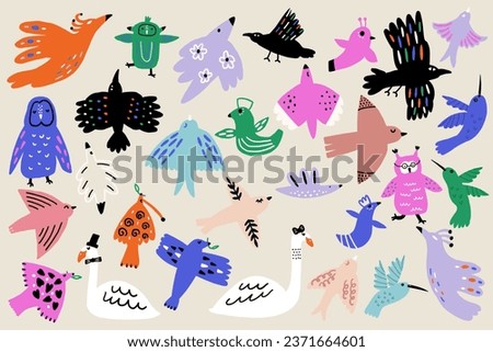 Set Folk Birds vector elements. Perfect for t-shirt, card, poster childish design