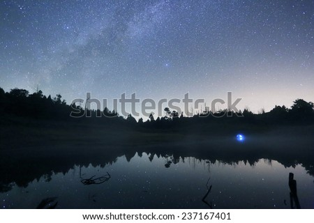 there are beautiful milky way,stars,  and mirror lake 