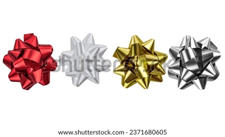 Set of neon foil bows, red, white, gold, silver color metallic with shadow on isolated white background. foil bow, decoration for holiday Royalty-Free Stock Photo #2371680605
