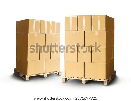 Package Boxes Stack on Wooden Pallets. Isolated on White Background. Cardboard Boxes, Parcels, Warehouse Shipping, Distribution Storehouse, Supply Chain, Supplies Warehouse Shipping.