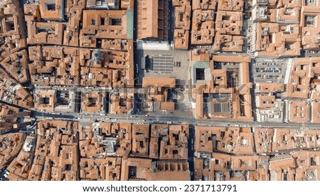 Bologna, Italy. Old Town. Basilica of San Petronio, Piazza Maggiore. Panoramic view of the city. Summer, Aerial View  
