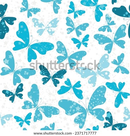 Vector fantasy seamless pattern with blue butterflies on the transparent background of the starry sky. 