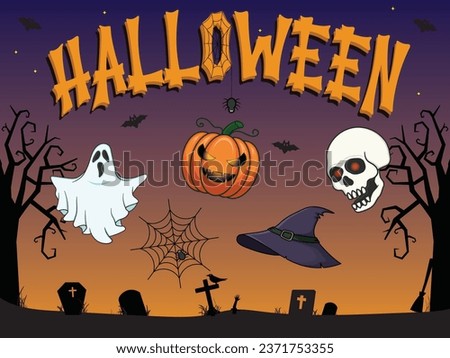 Halloween night spooky set skull ghost pumpkin witch hat spider web