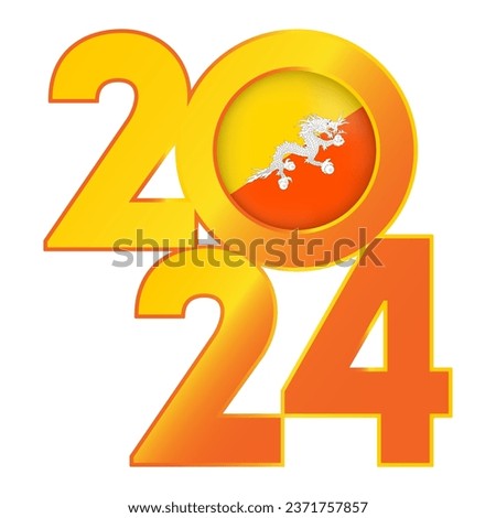 Happy New Year 2024 banner with Bhutan flag inside. Vector illustration.