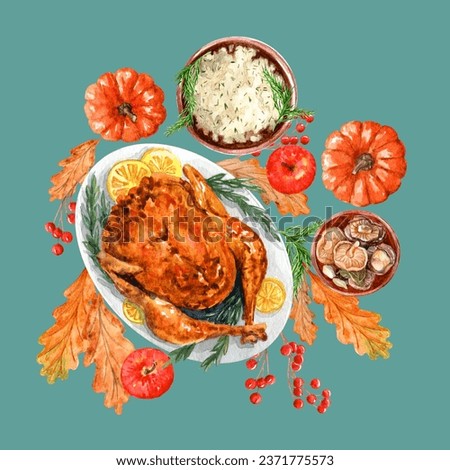 Watercolor festive autumn decor of colorful pumpkins, corn, acorns,leaves and dishes. Concept of Thanksgiving day Botanical illustration isolated on white background.