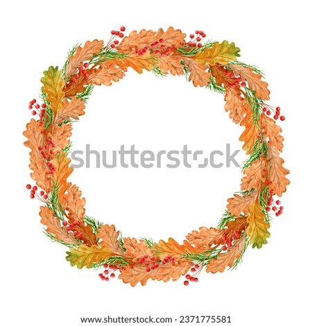 Hand drawn  Wreath festive autumn decor of colorful pumpkins, corn, acorns, oak leaves and diill. Concept of Thanksgiving day Botanical illustration isolated on white background.