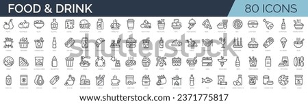 Set of 80 outline icons related to food and drink. Linear icon collection. Editable stroke. Vector illustration Royalty-Free Stock Photo #2371775817
