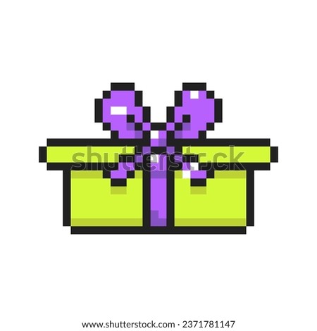 Pixel art present of gift box with bows, 8-bit present package. Pixel gift box with ribbon. Graphics for games, vector illustration in pixel art style.