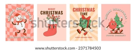 Set of retro cartoon Christmas characters posters. Funny snowman, Xmas stocking, Christmas tree, giftbox mascot. Vector illustration. New year decoration Royalty-Free Stock Photo #2371784503