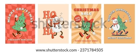 Set of retro cartoon Christmas characters posters. Christmas tree, snowman, gift box mascot. New year decoration vector illustration. Print, poster, greeting card, postcard Royalty-Free Stock Photo #2371784505