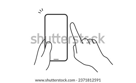 using smartphone with both hands - one holding, one touching with index finger Royalty-Free Stock Photo #2371812591
