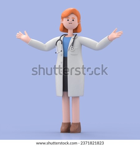 3D illustration of Female Doctor Nova shows inviting gesture. Happy professional caucasian male specialist. Medical presentation clip art isolated on blue background

