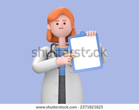 3D illustration of Female Doctor Nova shows finger up holds blank clipboard. Medical clip art isolated on blue background. Health insurance concept. Best choice or recommendation metaphor
