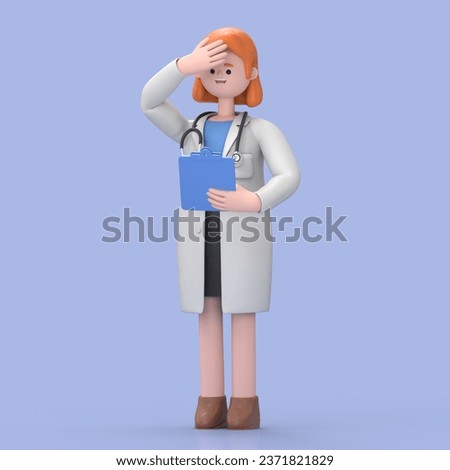 3D illustration of Female Doctor Nova confused. Thinking man touches head and looks at camera. Medical clip art isolated on blue background. Problem solving concept. Professional therapist at work
