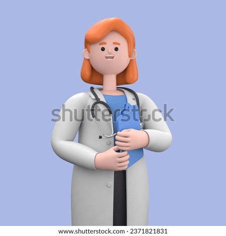 3D illustration of Female Doctor Nova holds blue clipboard. Professional caucasian male specialist. Medical clip art isolated on blue background. Hospital assistant
