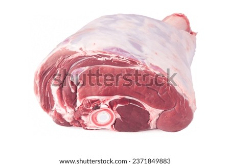 Leg of lamb ready for roasting raw, white background  Royalty-Free Stock Photo #2371849883
