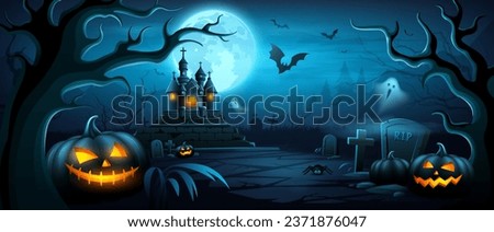 Happy Halloween, tree scary, castle, pumpkins, bat flying, ghost banner design on moonnight dark blue background, Eps 10 vector illustration
 Royalty-Free Stock Photo #2371876047