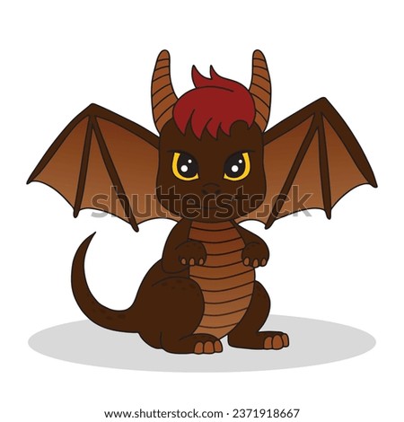 Little cute cartoon brown dragon with horns, wings and tail. Funny fantasy character, young mythical reptile monster. Vector illustration on white background