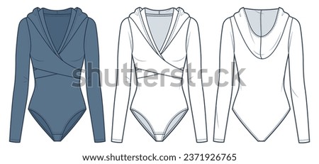 Hooded Bodysuit technical fashion illustration. Long Sleeve Bodysuit fashion flat technical drawing template, front and back view, white, blue, women, men, unisex active wear CAD mockup set. Royalty-Free Stock Photo #2371926765
