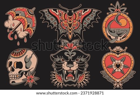 Set of traditional Old School Tattoo. Collection of Umbrella, Butterfly, Shark, Skull Flower, Black Panther, Love in Vector Illustration Royalty-Free Stock Photo #2371928871
