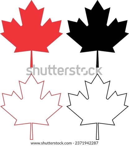 Maple leaf icon set. Canada flag flat or line vector symbol maple leaf clip art. Red and black maple leaf collection isolated on transparent background. Autumn leaf canadian logotype sign.