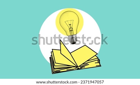 Lesson planning or great idea plan. Collage with book and the lamp symbolizing popularity of information search. Concept of education, online studying, knowledge development, information