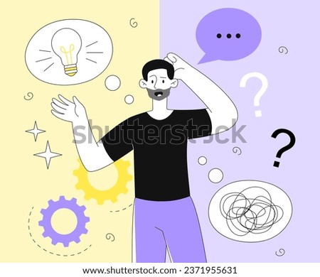 Man with ideas line concept. Young thoughtful guys with light bulb in speech bubble. Brainstorming and insight. Businessman with start up or business project. Linear flat vector illustration