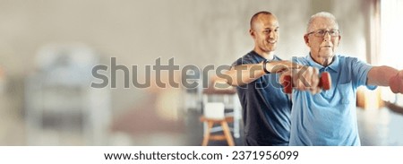 Fitness banner, weights or physiotherapist with senior man for arm exercise or body workout in recovery. Physical therapy, rehabilitation mockup space or mature client training with dumbbell or coach Royalty-Free Stock Photo #2371956099