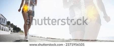 Runner legs, hip injury and x ray on banner outdoor, fitness and exercise anatomy for body health on road. Pain, arthritis and woman with bone, fibromyalgia glow and osteoporosis double exposure Royalty-Free Stock Photo #2371956101