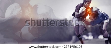 Rugby injury, banner or sports people running fast on field for game practice or match with pain. Arm accident, fitness mockup space or athlete players in action or training with joint inflammation Royalty-Free Stock Photo #2371956105