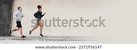 Couple, running and banner on mockup for fitness, workout or exercise together in health and wellness. Wall, man and woman in cardio, run or sports performance for teamwork or outdoor training