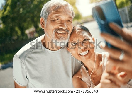 Selfie, fitness and senior couple in road after a running exercise for race or marathon training. Happy, sports and elderly man and woman taking a picture after a cardio workout in outdoor street.