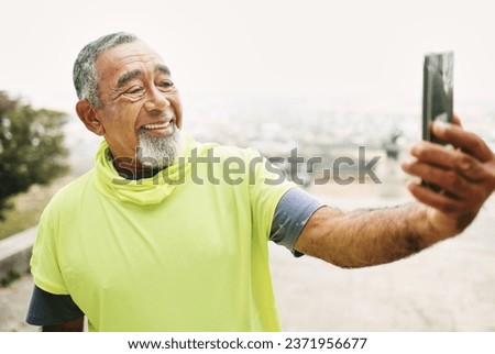 Selfie, smile and senior man hiking for health, wellness or cardio training on a mountain. Happy, nature and portrait of excited elderly male person taking a picture for outdoor trekking in the woods