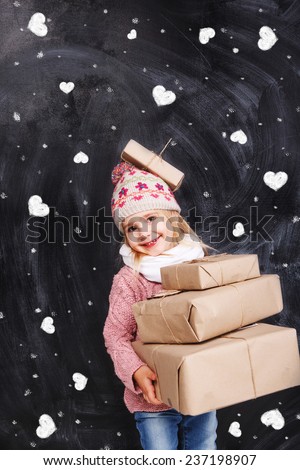 Girl with gifts on a background of hearts