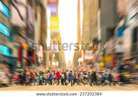 Melting pot people walking on zebra crossing and traffic jam on 7th avenue in Manhattan before sunset - Crowded streets of New York City during rush hour in urban business area Royalty-Free Stock Photo #237202384