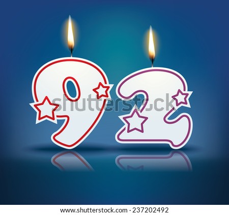 Birthday candle number 92 with flame - eps 10 vector illustration