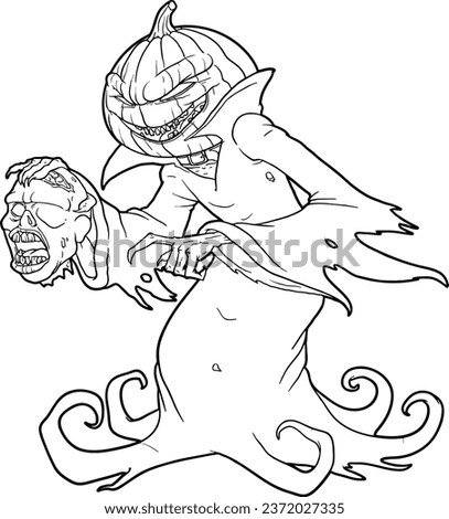 Scary Halloween pumpkin monster holding a severed zombie head coloring page for kids and adult