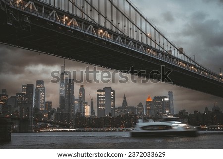 city bridge at sunrise river boat fast New York Manhattan 