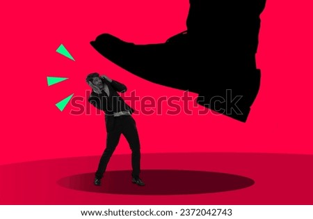 Foot crush man, fear and illustration for art, unfair taxes and corporate oppression by red background. Business owner, entrepreneur and pressure for compliance, shoes stomp or creativity with danger