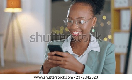 Business woman, smile and typing on cellphone for mobile chat, social network and digital contact at night. Happy african worker scroll on smartphone, reading news app or search information in office