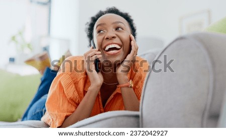 Relax, phone call or happy black woman on couch in communication in house living room. Smile, mobile contact or excited African lady talking or speaking of gossip in discussion or connection on sofa Royalty-Free Stock Photo #2372042927