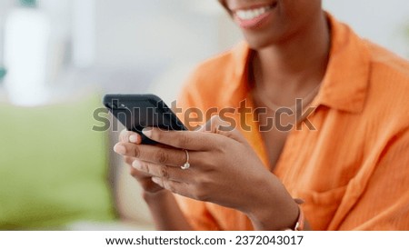 Phone, hands and woman typing in home, reading social media notification and update subscription app. Closeup, smartphone and download mobile games, search digital network and online contact
