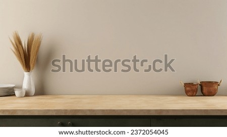 Minimal cozy counter mockup design for product presentation background or branding with bright wood top green counter concrete wall with vase plant dish mug bowl basket. Kitchen interior 3D render Royalty-Free Stock Photo #2372054045
