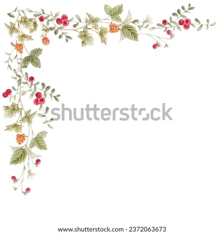 Beautiful frame with hand drawn watercolor different forest wild berries. Clip art. Stock illustration.
